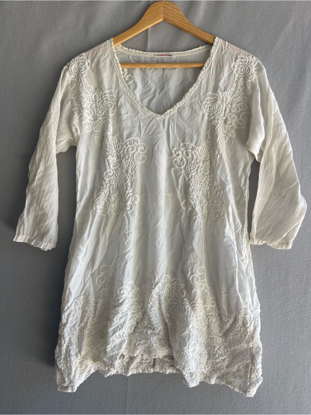 Johnny Was Embroidered Ivory Mini Dress Boho Tunic 3/4 Sleeve Flawed No Tags M